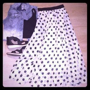 White Black Polka Maxi Dot Skirt. Elastic stretch waist. Approximately 38” long